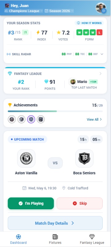 RecreationPro dashboard with season stats, fantasy league, achievements, and upcoming match card